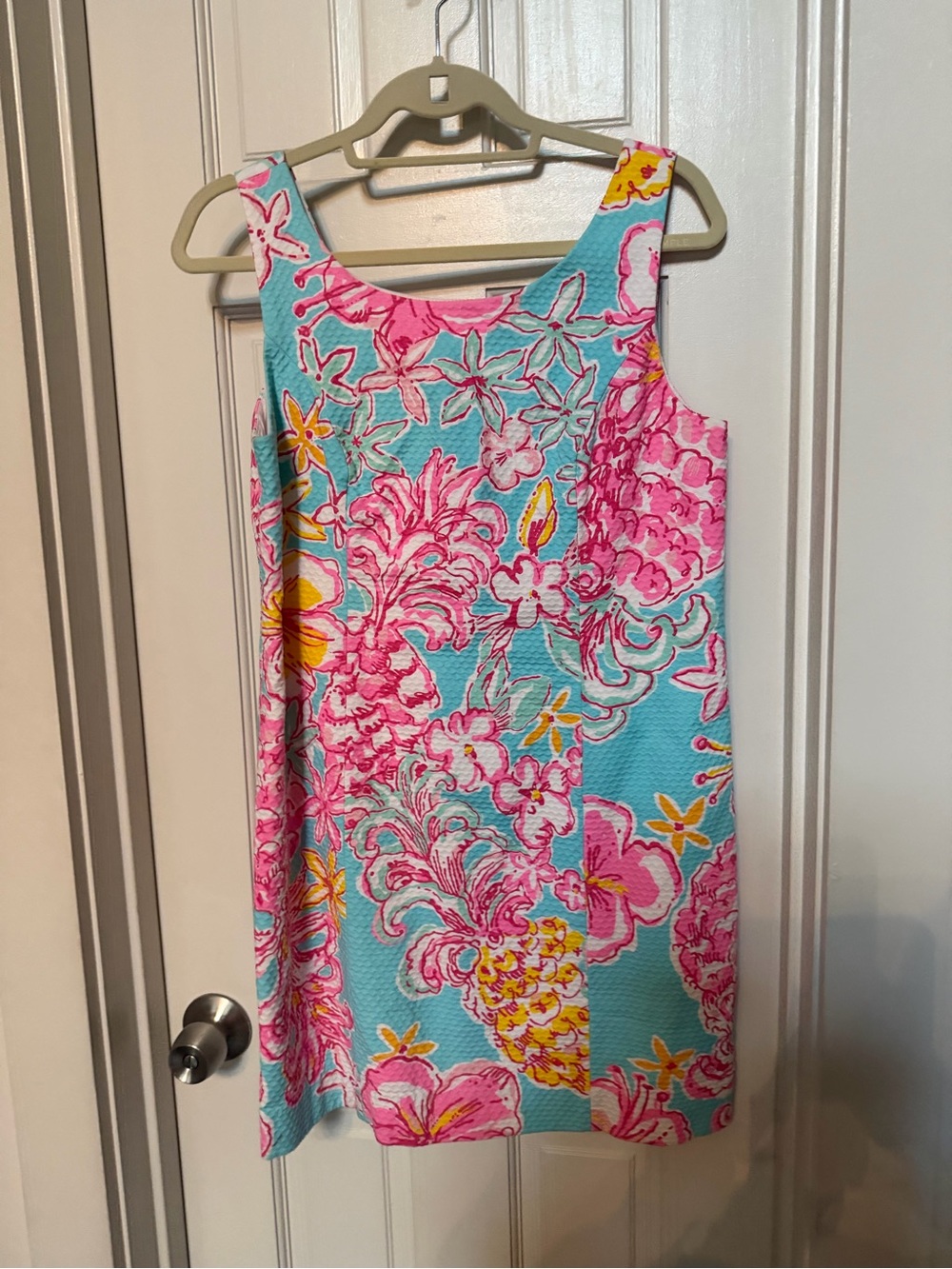 Sleeveless Floral Shift Dress in Aqua and Pink
